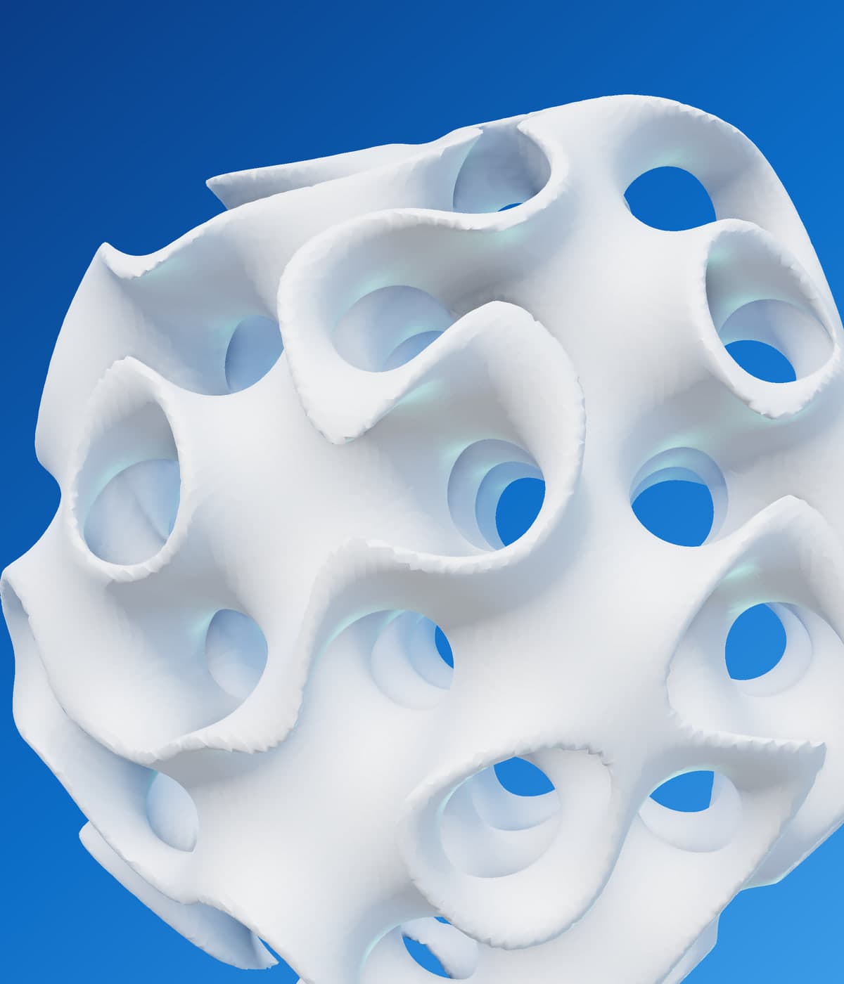 Illustrative render of a porous biomaterial scaffold on a blue background